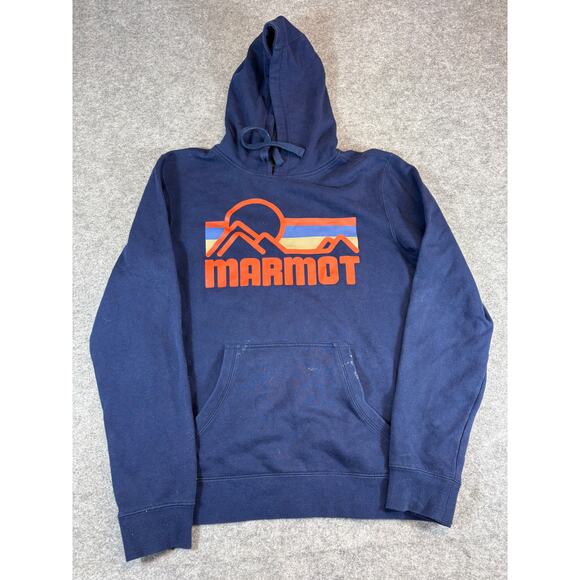 Marmot Sweatshirt Hoodie Mens Medium Blue Graphic Logo Outdoor Streetwear Casual - Picture 1 of 6